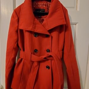 LIKE NEW GUESS RED PEACOAT WAIST TIE SZ. M